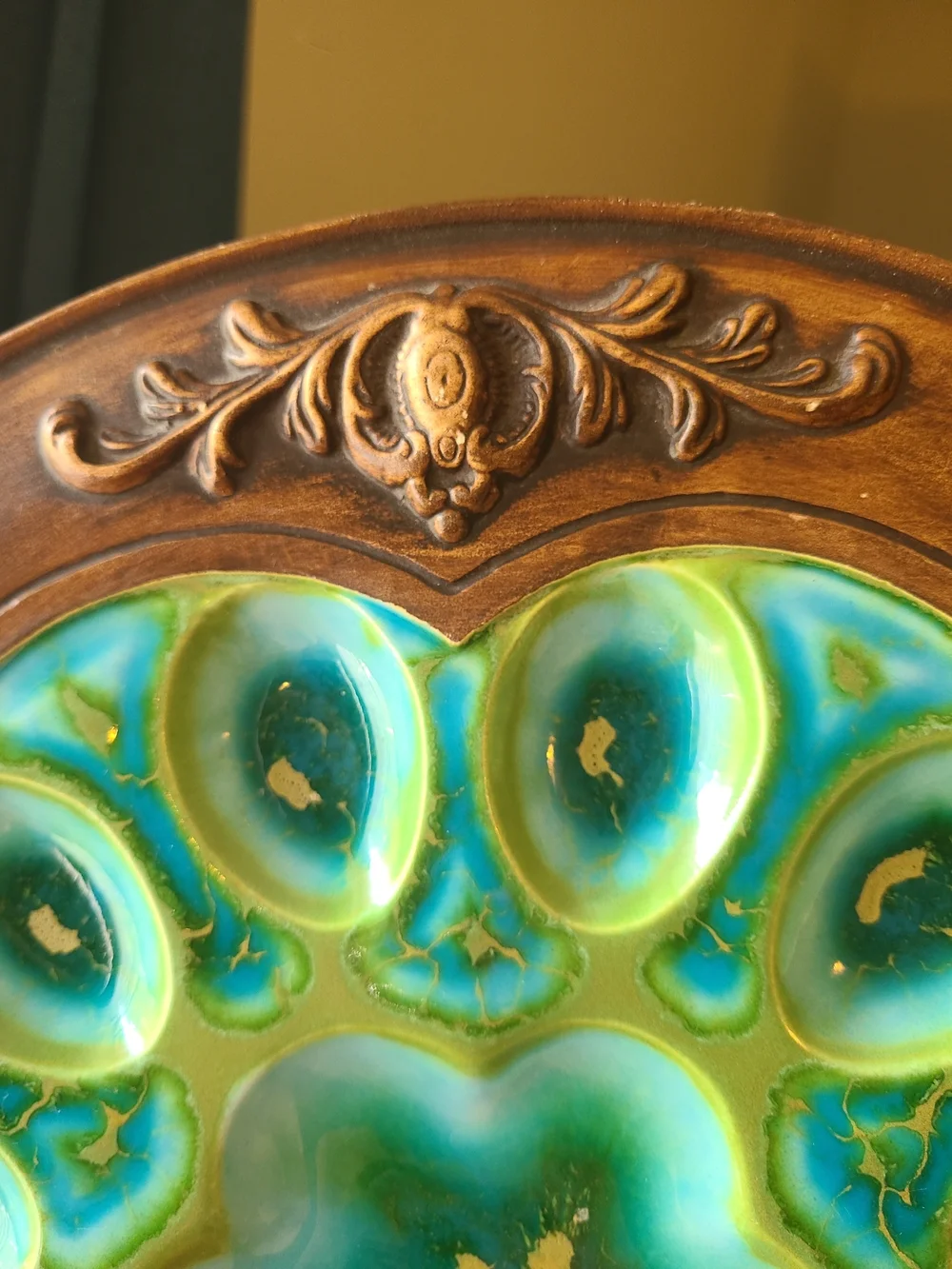 MCM 1960's Treasure Craft Deviled Egg Plate Turquoise Drip Glaze Gold Ceramic